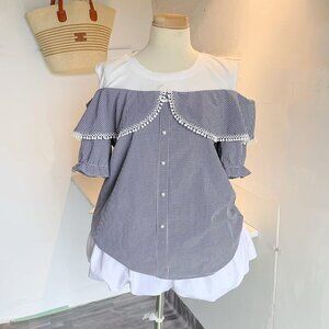 Navy Gingham Check Off Shoulder Blouse Lace Trim Top 💙